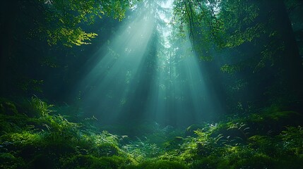 Sunbeams in misty forest; tranquil nature scene; ideal for backgrounds