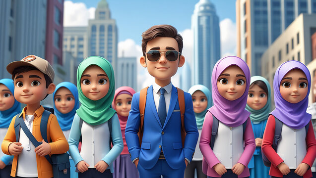 illustration of a male teacher with several Muslim students
