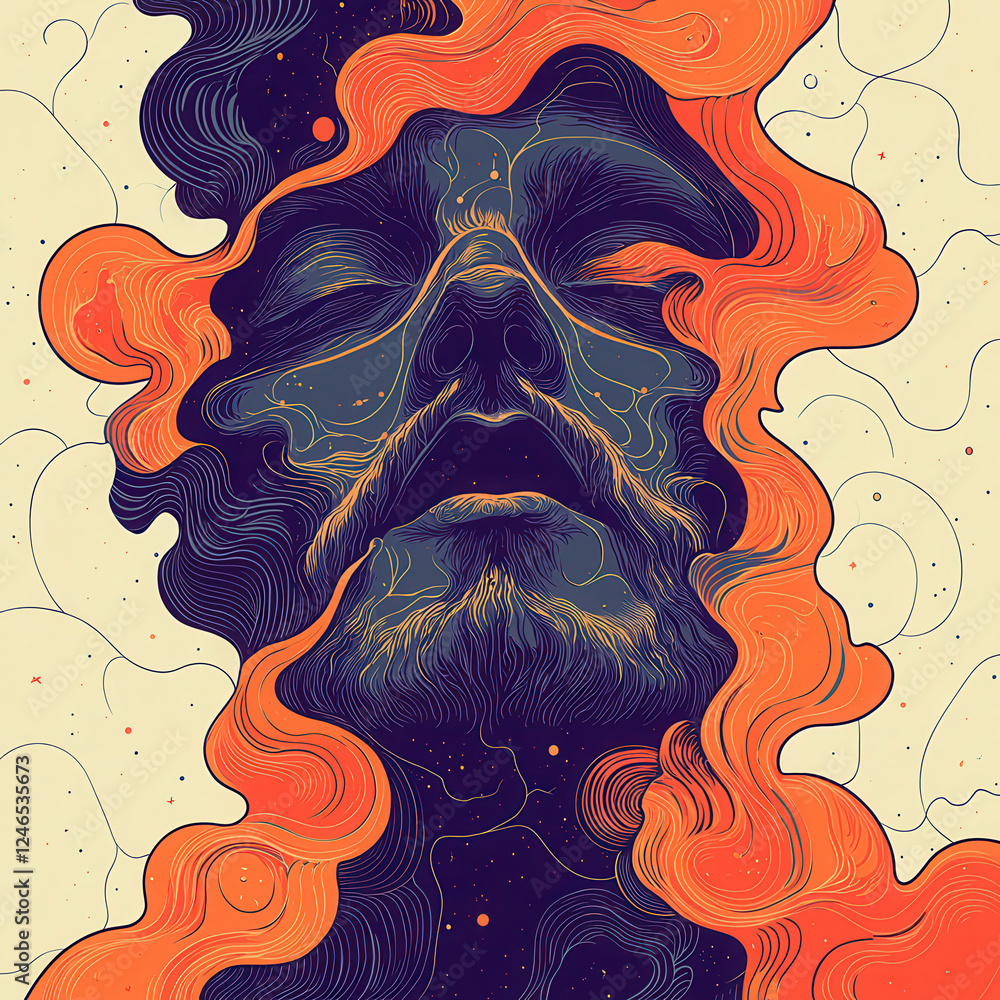Poster a vibrant illustration capturing the essence of introspection and creativity, featuring intricate sw
