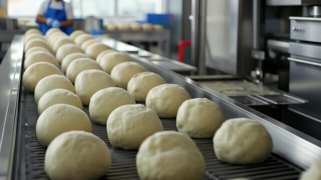 Industrial bread production line with freshly baked rolls in factory setting