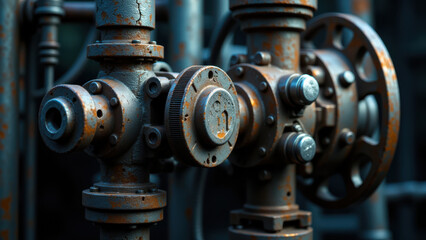 Industrial pipe assembly with rusted metal components and valves.