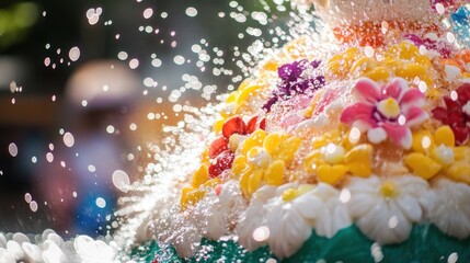 Thai Songkran Festival: Vibrant Floral Fabric with Water Droplets in Motion, Capturing Joy and Renewal
