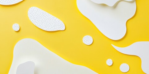 Obraz premium Abstract yellow background with white geometric shapes and polka dot accents