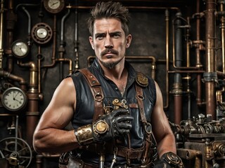 Man in steampunk attire stands confidently among vintage machinery in a workshop, showcasing an era of innovation and creativity