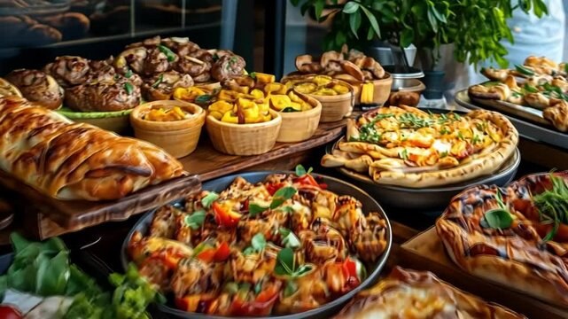 Assorted italian dishes: pizzas, calzones, salads, and roasted vegetables on display