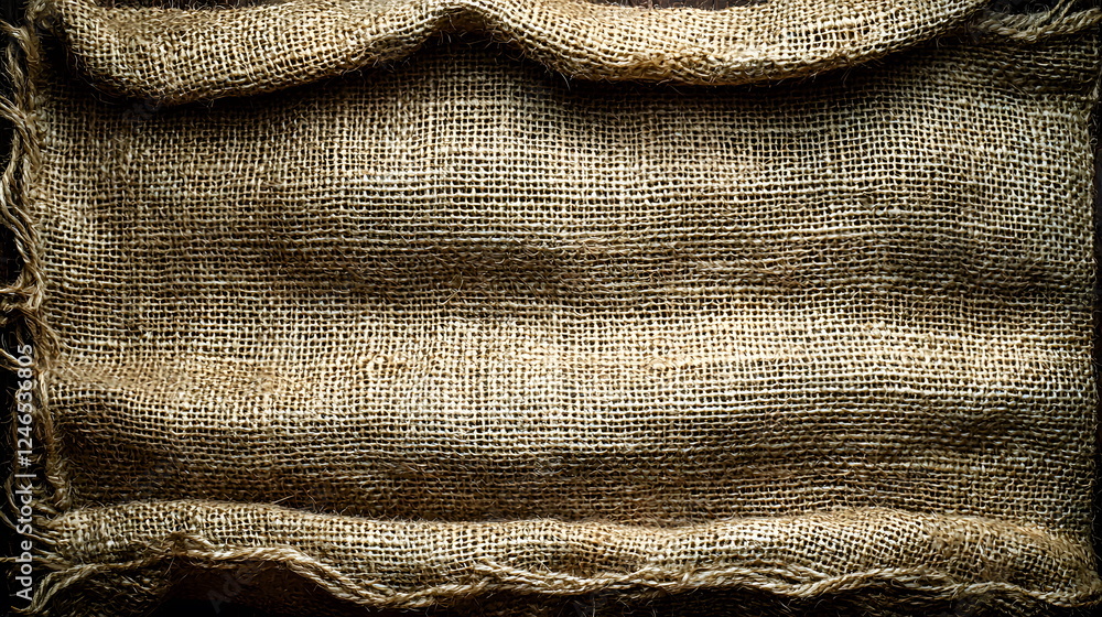 Poster burlap fabric texture with woven fibers and frayed edges on a transparent background.