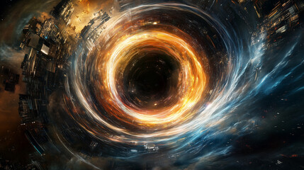 A swirling, cosmic vortex of light and energy, resembling a black hole or wormhole, with distorted cityscape elements on the periphery.