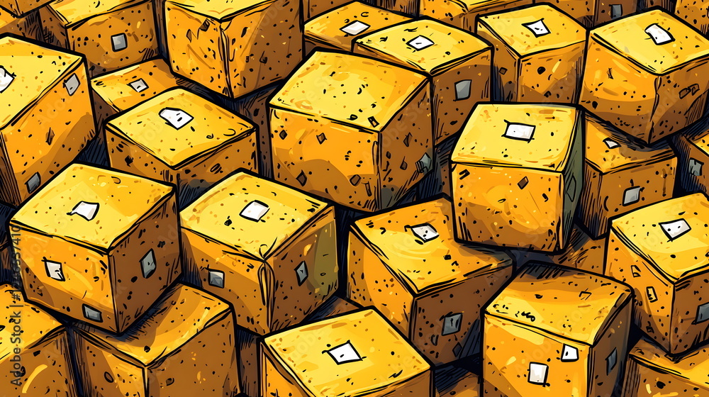 Poster golden cubes textured with a rough surface piled together creating a vibrant background.