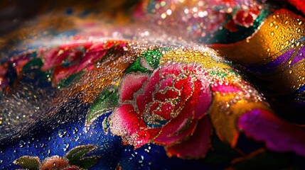 Obraz premium Thai Songkran Festival: Vibrant Floral Fabric with Water Droplets in Motion, Capturing Joy and Renewal