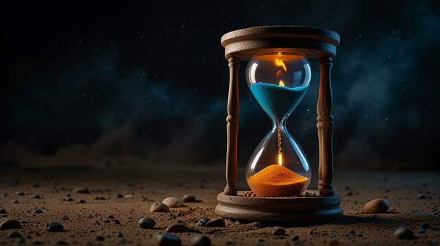 beautiful hourglass of the elements, fire, water, earth, air, copy space