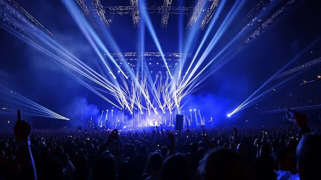 Electric Atmosphere: A sea of eager hands reach towards the stage as dazzling blue laser beams pierce the darkness, creating an electrifying atmosphere at a vibrant concert.