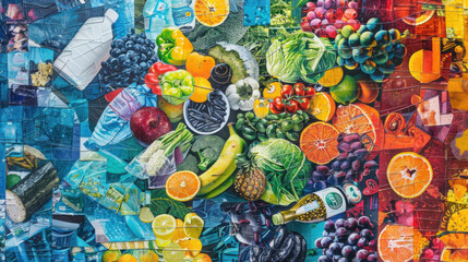 Zero waste grocery shopping highlighting vibrant colors and textures, highly detailed and vibrant, realistic yet creative depiction, emphasizing context and action