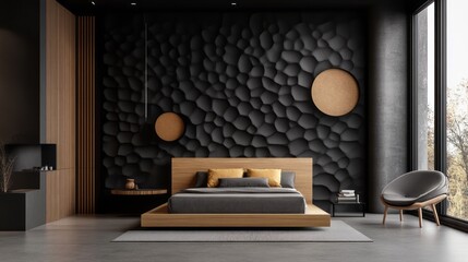 Modern bedroom interior with a black wall and textured pattern, a bed in a wooden frame with a gray cover against a dark backdrop. Minimalist home design.
