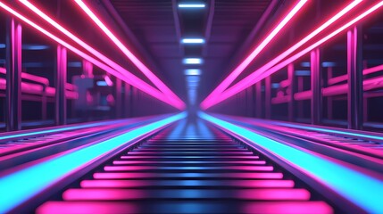 Fototapeta premium A futuristic corridor illuminated by vibrant pink and blue neon lights, creating a visually striking perspective.