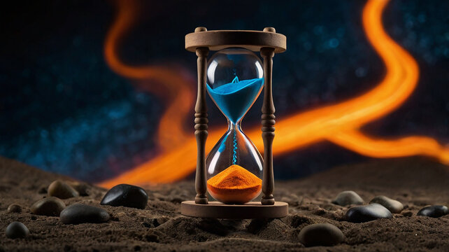 beautiful hourglass of the elements, fire, water, earth, air, copy space