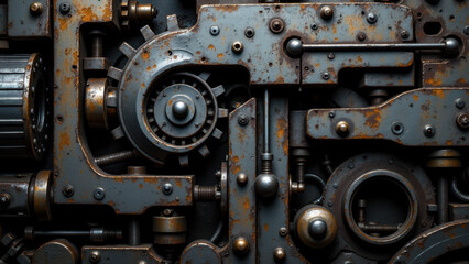 Rusting machinery with gears and metal components.