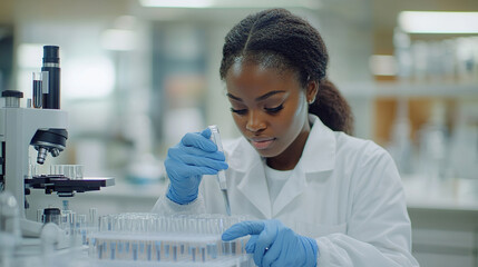 Professional african american woman working in laboratory in white coat, pharmaceutical innovation or research. Vaccine development, medical analysis and tests
