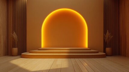 Luxury golden podium with circular lights for elegant product presentations