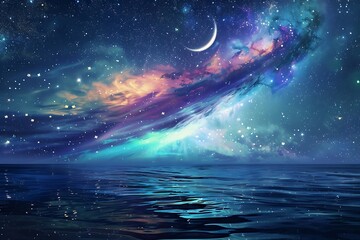 Obraz premium Beautiful night sky with clouds and stars over the sea.
