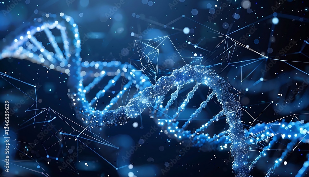 Poster 3d illustration of dna helix with binary code, abstract background