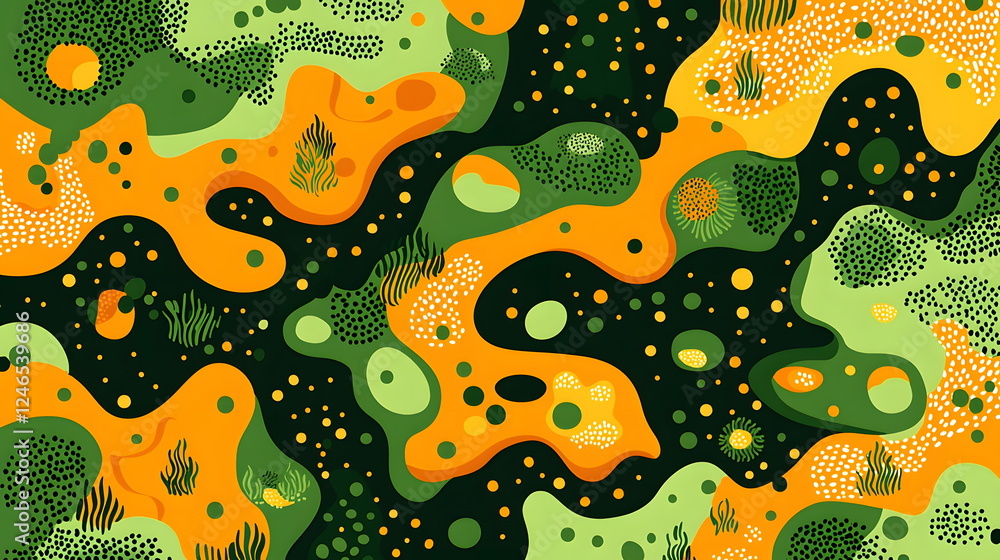 Poster colorful abstract design with organic shapes and patterns in green and orange hues on a dark backgro
