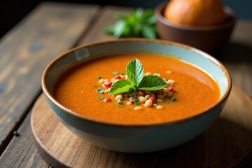 Steaming bowl of red lentil cream soup on wooden table, soup, wooden