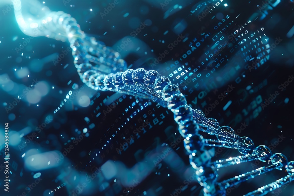 Poster 3d illustration of dna helix with binary code, abstract background