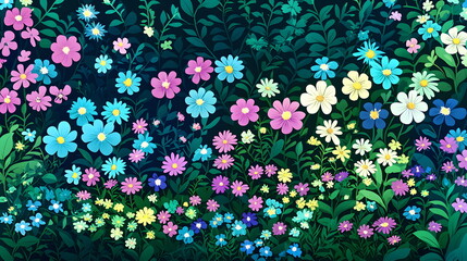 Colorful flowers blooming in a vibrant garden background filled with various hues of petals.