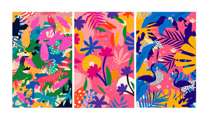 Colorful flowers and leaves poster background vector illustration. Exotic plants, branches, flowers and leaves art print for beauty, fashion and natural products, spa and wellness, wedding and events	