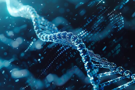 3d illustration of dna helix with binary code, abstract background