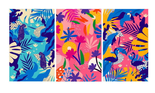 Colorful flowers and leaves poster background vector illustration. Exotic plants, branches, flowers and leaves art print for beauty, fashion and natural products, spa and wellness, wedding and events	
