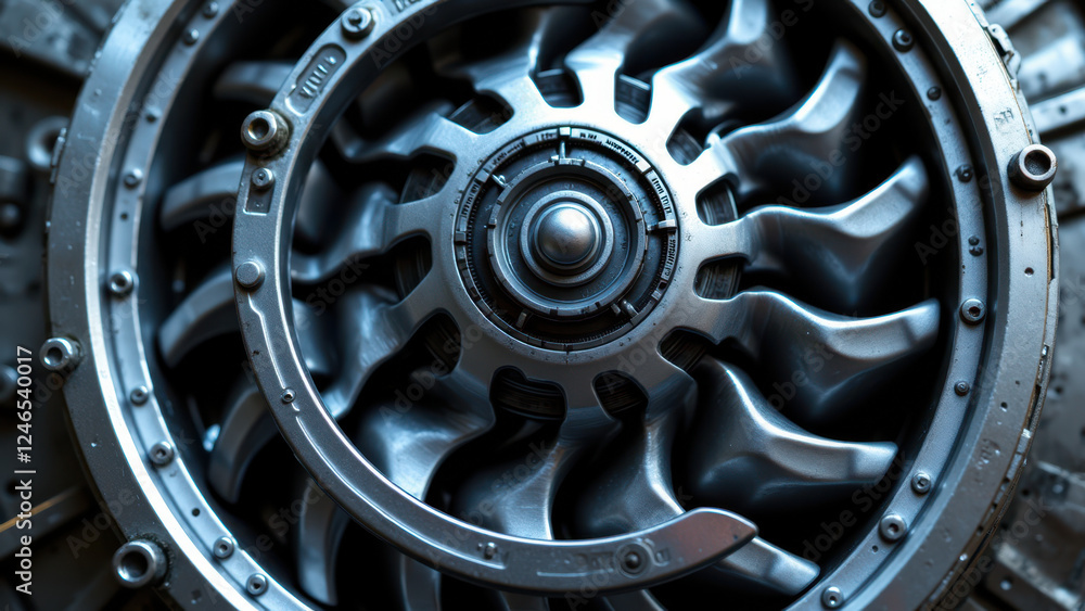 Poster close-up view of an industrial machine component with intricate design details.
