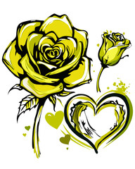Golden Rose with Hearts: A vibrant yellow rose, symbolic of friendship and new beginnings, is depicted in an artistic style with hearts and abstract splatter paint.