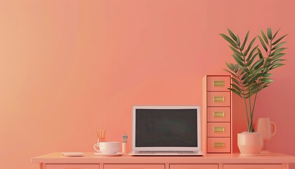 Fototapeta premium Laptop with blank screen standing on pink background. 3d rendering