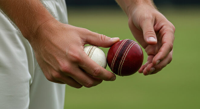 Closeup of cricketer holding leather ball. - Powered by Adobe