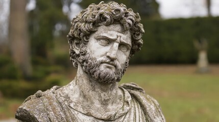 Fototapeta premium Weathered Stone Bust of Roman Emperor in Garden Setting