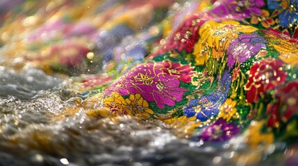 Thai Songkran Festival: Vibrant Floral Fabric with Water Droplets in Motion, Capturing Joy and Renewal