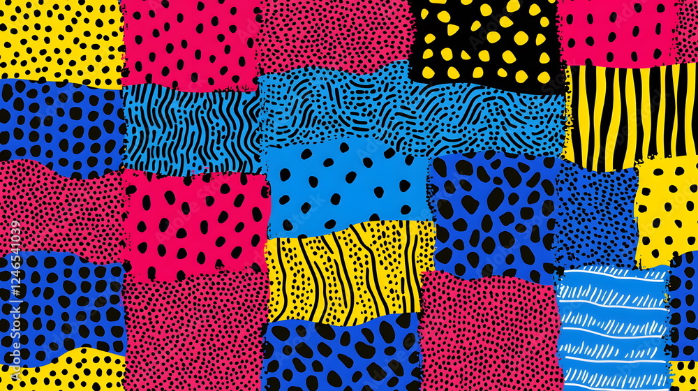 Poster colorful abstract pattern with various shapes and textures including dots and wavy lines