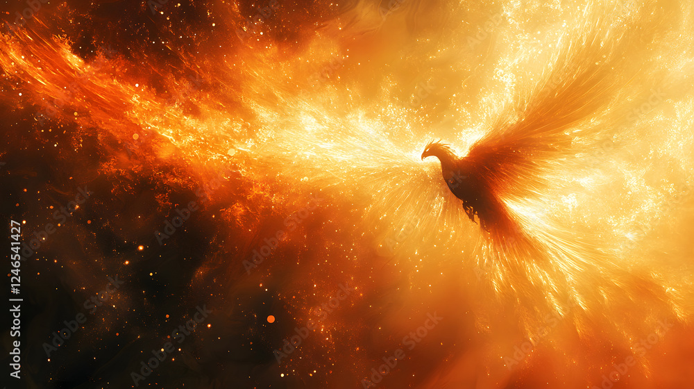 Poster fiery phoenix rising amidst cosmic chaos celestial realm digital art ethereal environment dynamic vi