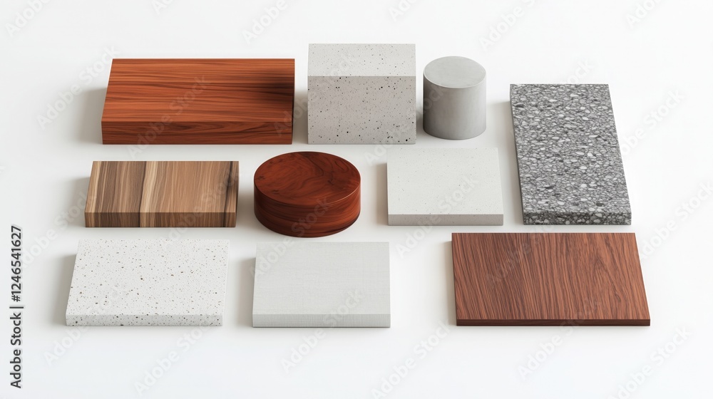 Poster collection of various material samples including wood, concrete, and terrazzo in different shapes an