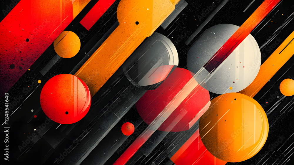 Poster bold colors and abstract shapes with planets on a dark, dynamic background