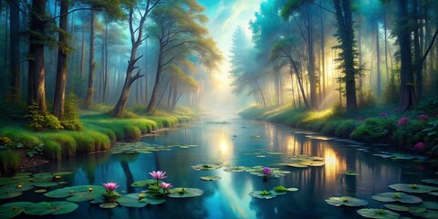 Obraz premium Dreamy Forest Landscape with Calm Water and Pink Lilies at Dawn