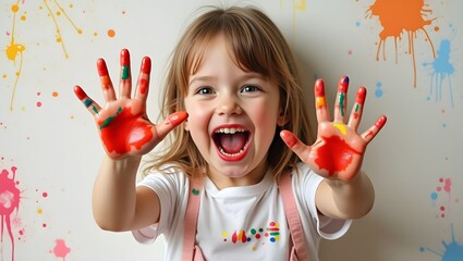 Happy young girl with colorful painted hands on paint splash background, creativity art fun
