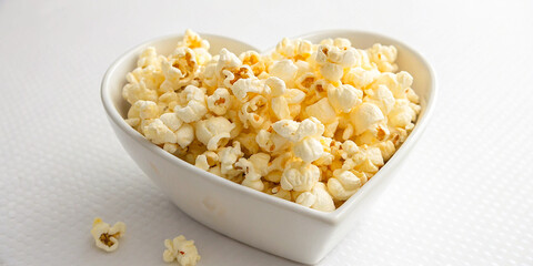 A delightful serving of fresh popcorn in a white heart-shaped bowl, isolated on a transparent background.