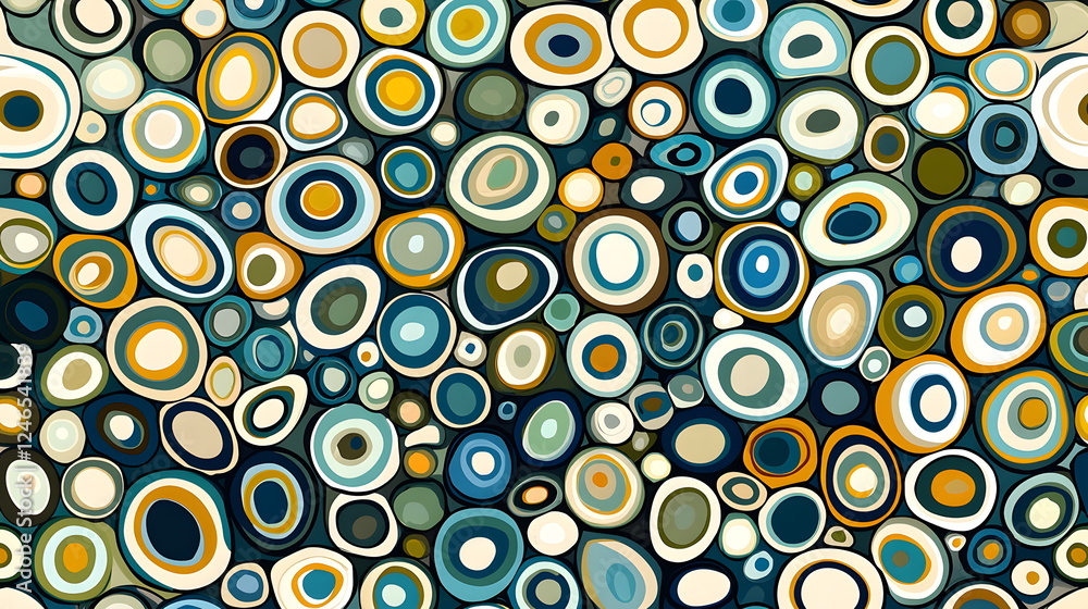 Poster colorful abstract pattern of concentric circles in various shades and sizes with a dark background