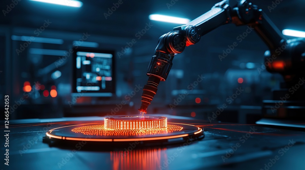Aufkleber a robotic arm interacts with a glowing, circular interface in a high-tech environment, showcasing ad
