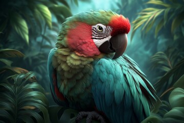 Obraz premium A 3D-rendered depiction of a parrot with highly detailed feathers, perched in a tropical rainforest with vibrant lighting