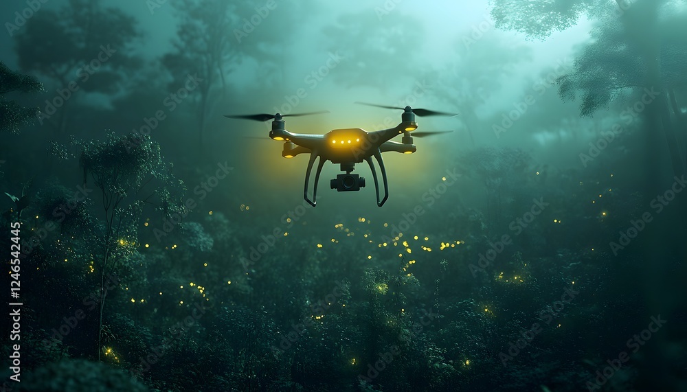 Poster aerial view of drone flying over enchanted forest illuminated by fireflies at dusk capturing the mag