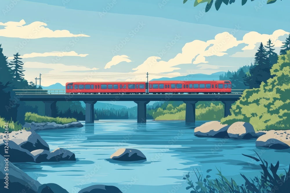 Poster train travels across a picturesque bridge spanning a river surrounded by lush trees and mountains un