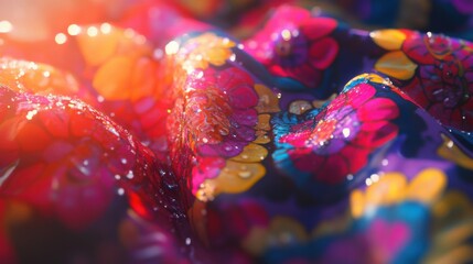 Thai Songkran Festival: Vibrant Floral Fabric with Water Droplets in Motion, Capturing Joy and Renewal